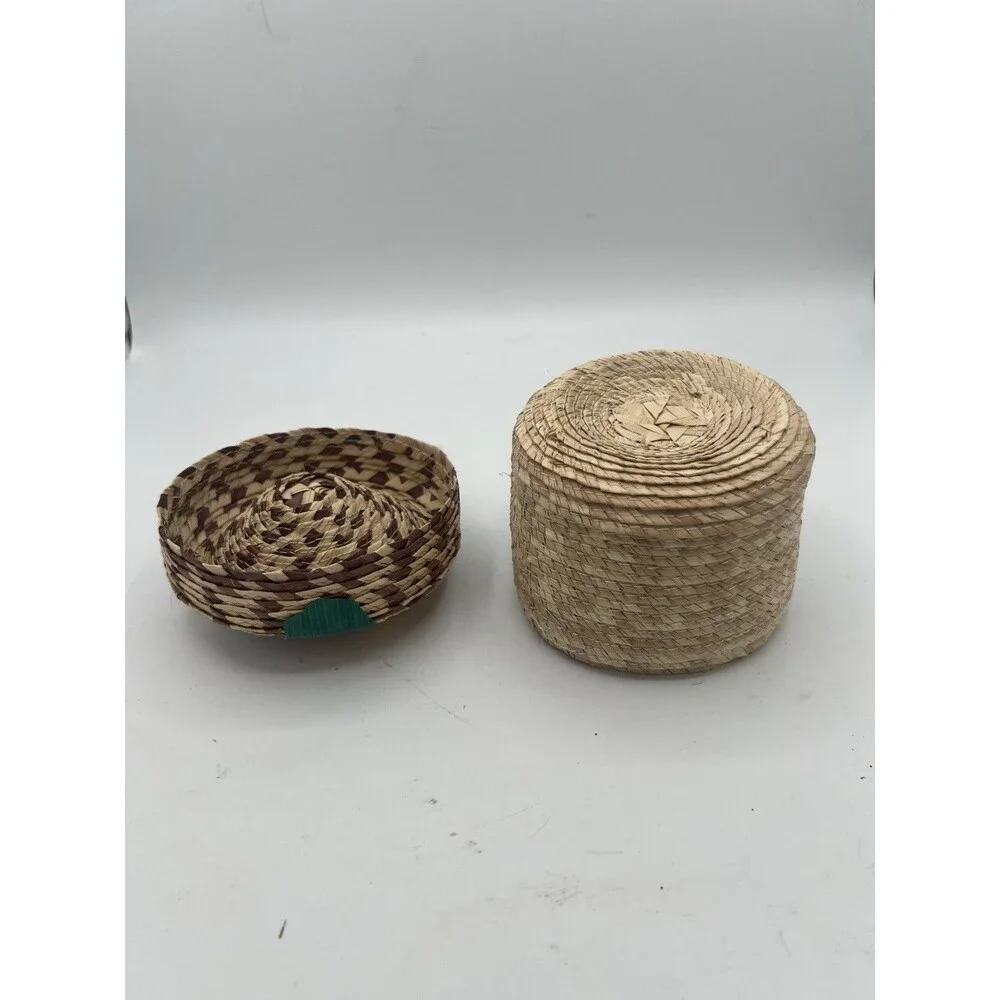 Mexican Tenate Woven Basket Trinket Box Raffia Flower Lid 4.5” Folk Art